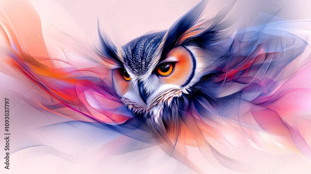 Obraz premium This striking owl showcases its intense gaze amidst vibrant swirls of color, creating a magical atmosphere that captures its majestic presence