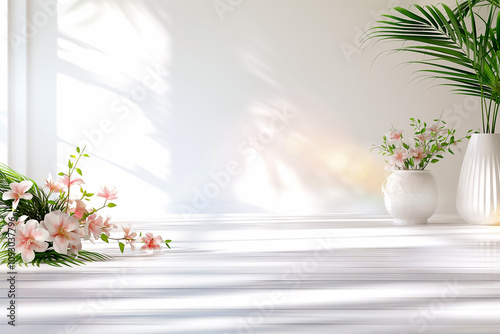 Elegant flowers and greenery against a white backdrop create a serene and inviting atmosphere