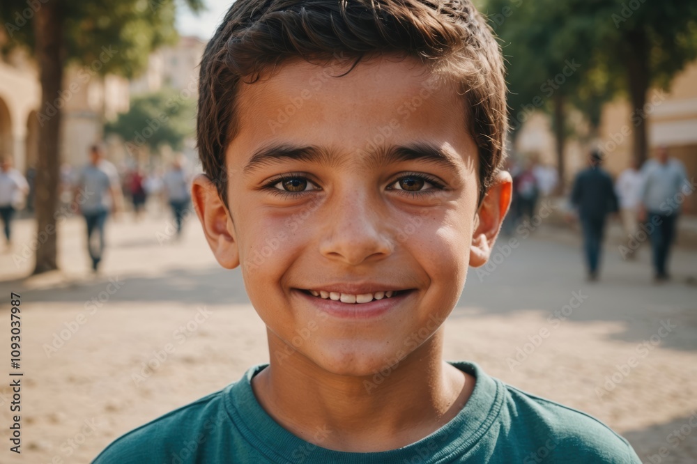 Close portrait of a smiling Algerian male kid looking at the camera, Algerian outdoors blurred background Close portrait of a smiling Algerian male kid looking at the camera, Algerian outdoors blurred background