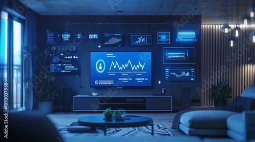 Immersive and modern smart TV dashboard display packed with audience analytics graphs data visualizations and metrics for targeted advertising on over the top OTT streaming content platforms