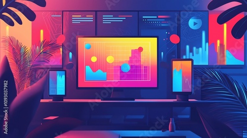 Immersive and modern smart TV surrounded by audience analytics graphs data visualizations and targeted advertising content for OTT platforms and digital media consumption