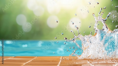 Pool water splashing over the edge of a tiled pool, clear droplets glistening in the sun, pool edge splash, clean summer vibe photo