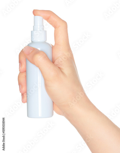 Woman Hand which holding the White Cosmetic Spray, isolated on transparent background, template for cosmetics ads