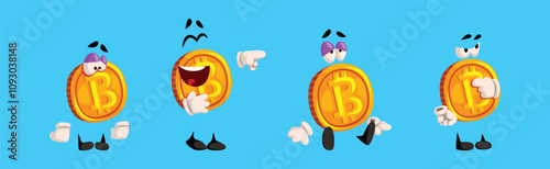 Golden Bitcoin Character with Different Emotion on Blue Background Vector Set