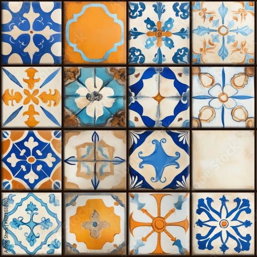 Colorful patterned square tiles collage.