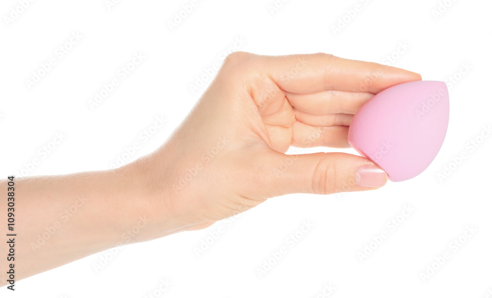 Woman Hand holds a cosmetic sponge, isolated on transparent background close-up, template for cosmetics ads Woman Hand holds a cosmetic sponge, isolated on transparent background close-up, template for cosmetics ads