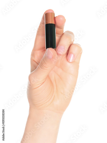 Woman Hand holds a Battery, isolated on transparent background close-up, template for energy saving ads