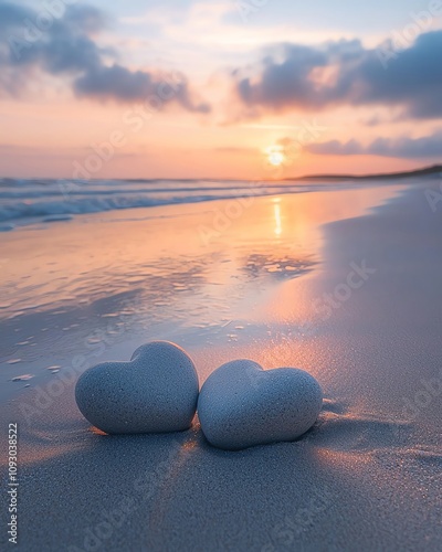 romantic soft valentine love story emotion Hearts on beach at sunset