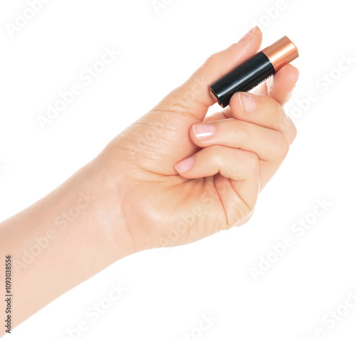 Woman Hand holds a Battery, isolated on transparent background close-up, template for energy saving ads