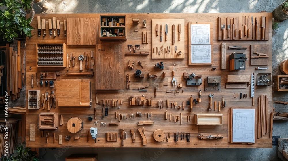 Woodworking Tools Craftsmanship Workshop Table Top View Woodworking Tools Craftsmanship Workshop Table Top View
