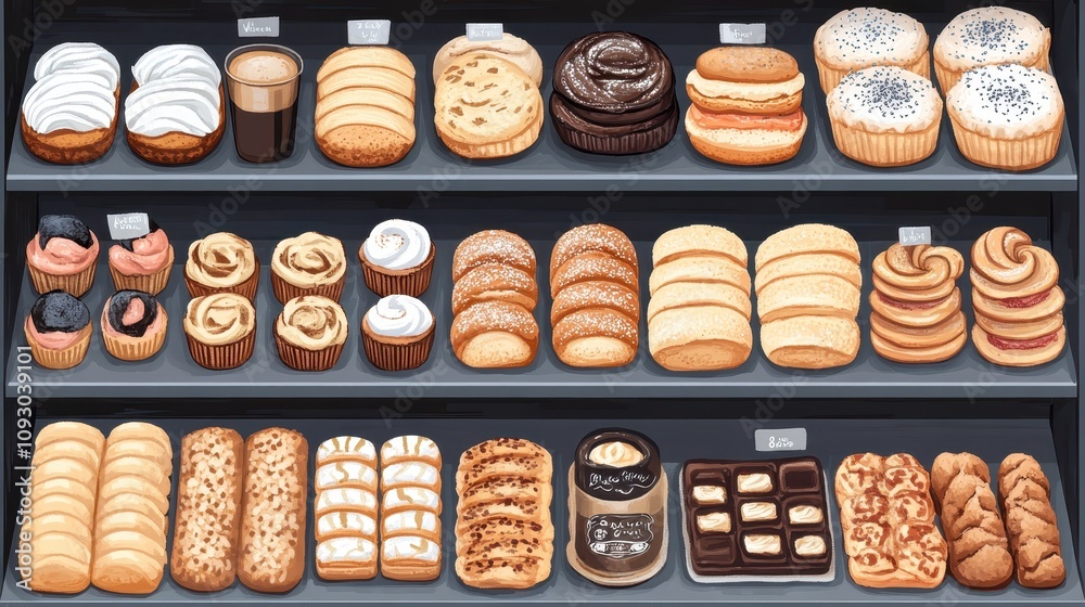 Delicious Bakery Display Breads Pastries Cakes and Coffee Delicious Bakery Display Breads Pastries Cakes and Coffee