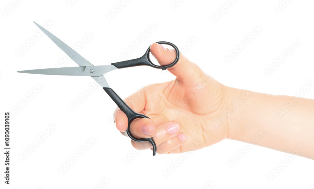 Woman hand holds Office Scissors, isolated on transparent background, stationery concept Woman hand holds Office Scissors, isolated on transparent background, stationery concept