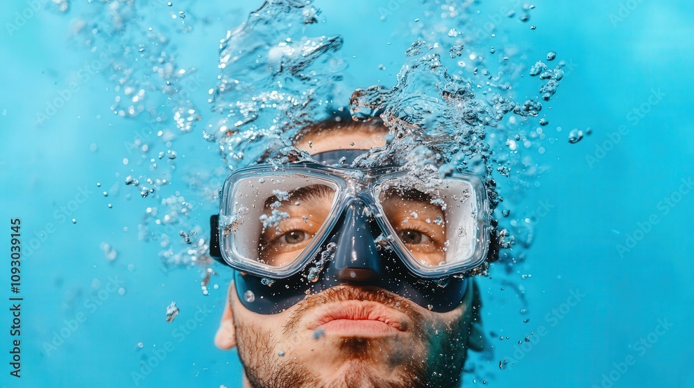 Naklejka premium Water droplets splashing off a snorkel as someone surfaces in a crystalclear pool, snorkel splash, underwater clarity