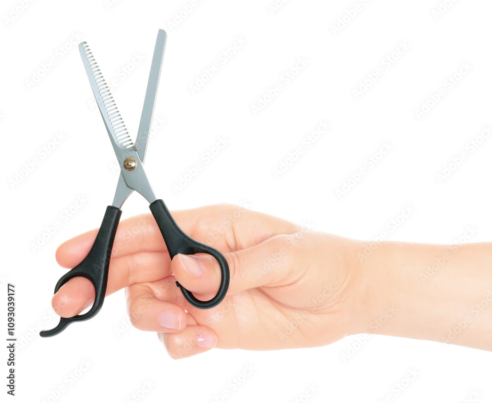 Woman hand holds Office Scissors, isolated on transparent background, stationery concept Woman hand holds Office Scissors, isolated on transparent background, stationery concept