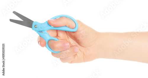 Woman hand holds Office Scissors, isolated on transparent background, stationery concept