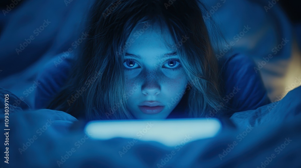 Teen Girl Using Tablet in Bed at Night Blue Light Screen Time Sleep Teen Girl Using Tablet in Bed at Night Blue Light Screen Time Sleep