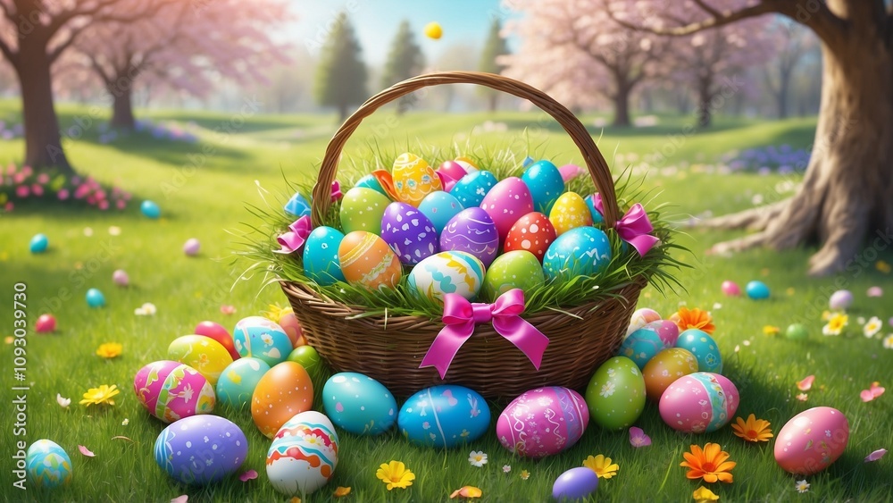 Colorful Easter eggs in a wicker basket surrounded by spring flowers in a sunny park