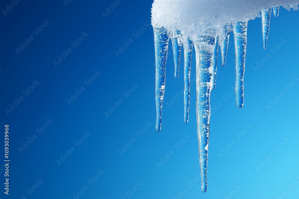 Icicles hanging from a snowy roof against a clear blue sky with copy space Icicles hanging from a snowy roof against a clear blue sky with copy space