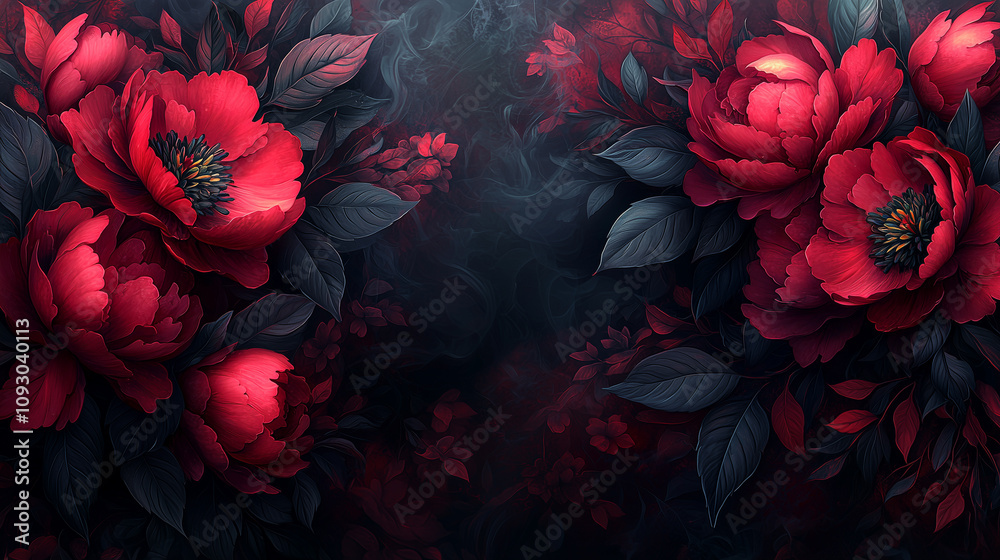 Abstract dark floral background with a large empty space in the center for text, a dark red and black color palette, peonies, leaves, petals, a smoke effect, dark, mysterious, gothic style, fantasy. Abstract dark floral background with a large empty space in the center for text, a dark red and black color palette, peonies, leaves, petals, a smoke effect, dark, mysterious, gothic style, fantasy.