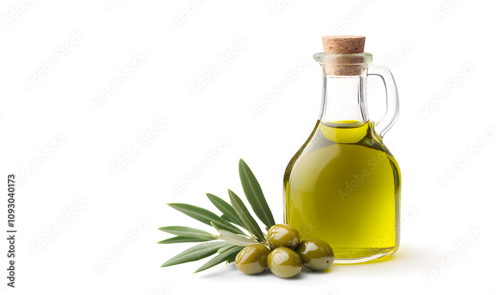 Olive branch and bottle of olive oil isolated on a white background Olive branch and bottle of olive oil isolated on a white background