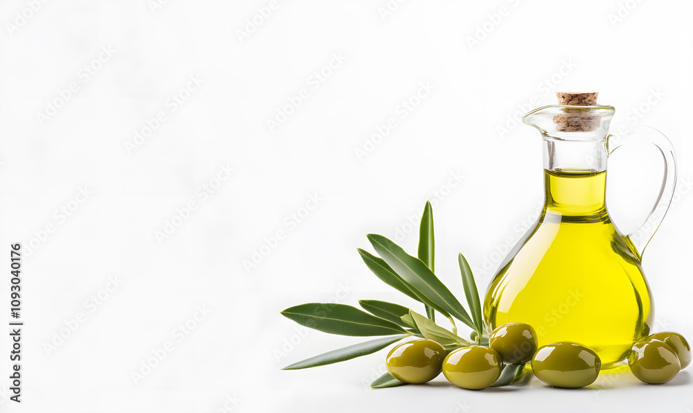 Olive branch and bottle of olive oil isolated on a white background Olive branch and bottle of olive oil isolated on a white background