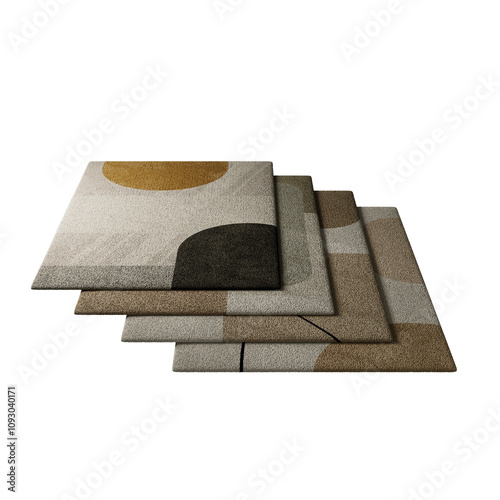 A set of four square rugs with different patterns and colors