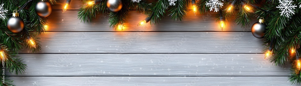 Festive vibe in small shop concept. A festive winter scene featuring a wooden surface adorned with Christmas decorations, including ornaments and twinkling lights Festive vibe in small shop concept. A festive winter scene featuring a wooden surface adorned with Christmas decorations, including ornaments and twinkling lights
