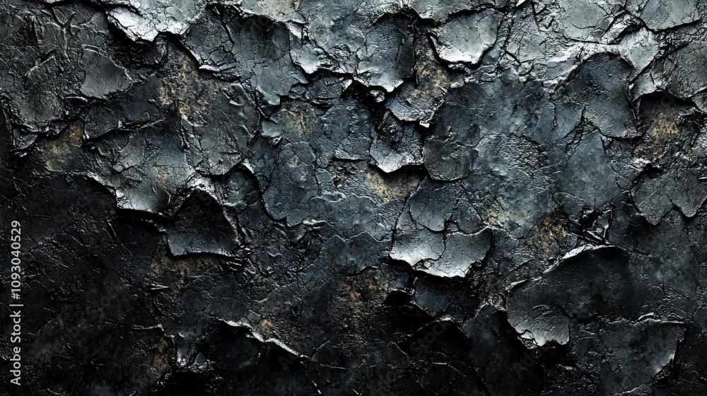 A dark textured surface characterized by black and grey cracked patterns, offering an industrial and mysterious aesthetic that hints at strength and resilience through its somber tones. A dark textured surface characterized by black and grey cracked patterns, offering an industrial and mysterious aesthetic that hints at strength and resilience through its somber tones.