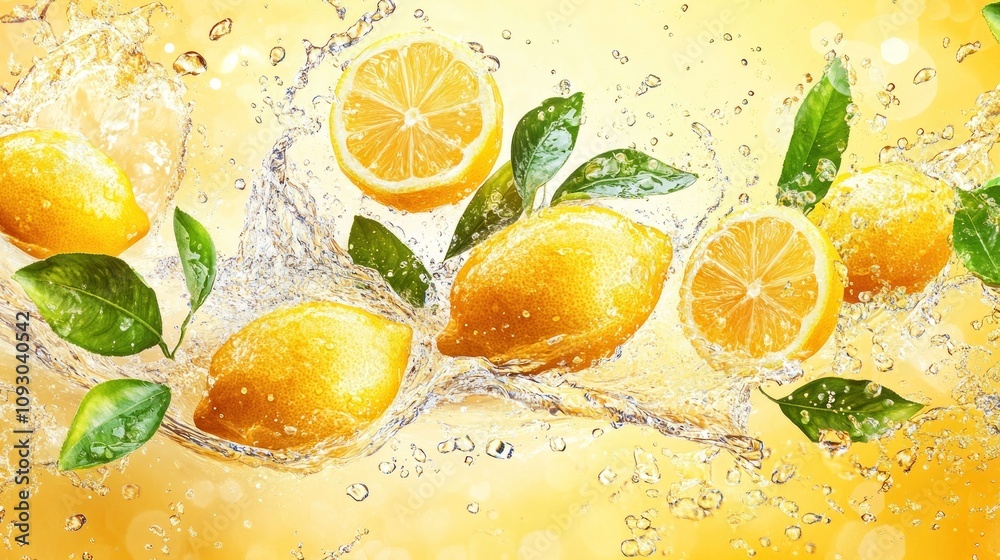 Lemons splashing in water with vibrant green leaves
