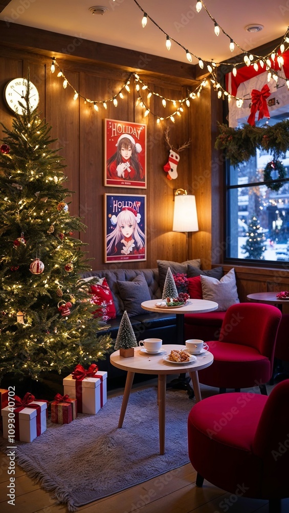 Obraz premium holiday anime cafe warm lights festive decoration 