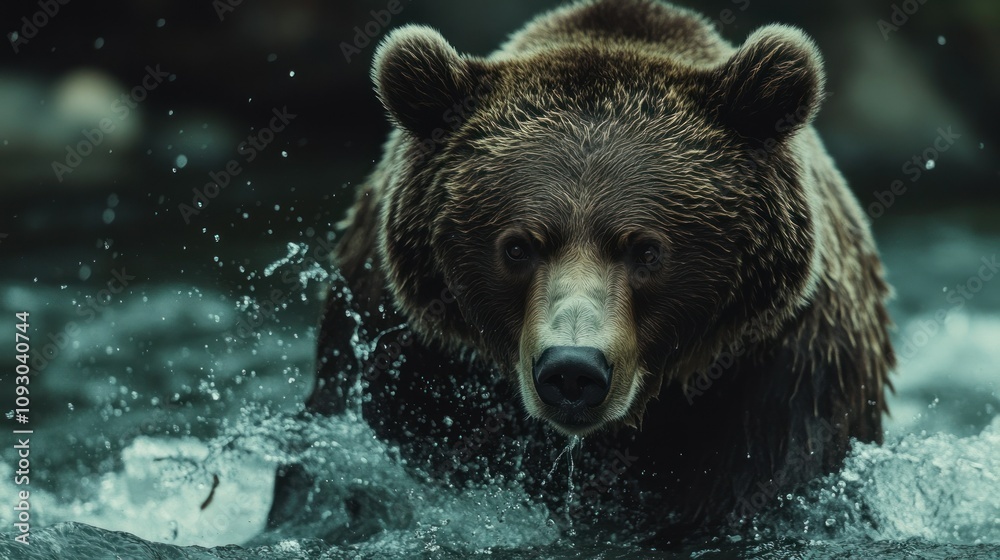 Close-up of a Brown Bear Emerging from a River with Water Spraying Around It Close-up of a Brown Bear Emerging from a River with Water Spraying Around It
