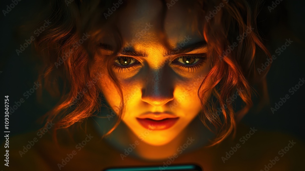 Intense Woman Closeup Portrait Low Light Orange Glow Mobile Phone Intense Woman Closeup Portrait Low Light Orange Glow Mobile Phone