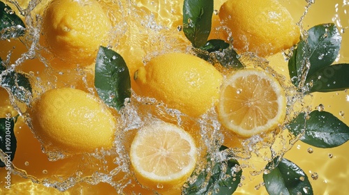 Sliced lemons and full lemons in watery explosion effect