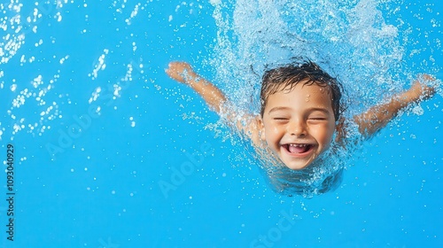 A child doing a cannonball into a clear blue pool, water droplets flying everywhere, cannonball splash, pure pool fun