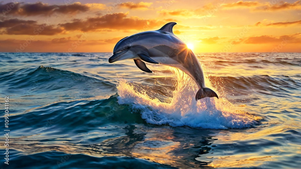 Fototapeta premium Dolphin Leaping from Ocean Waves at Sunset
