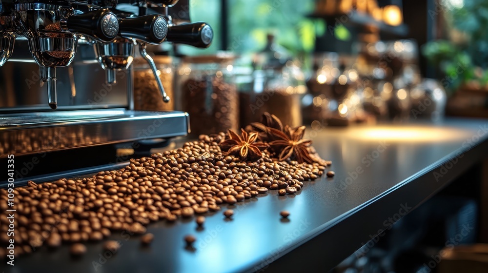 Aromatic Coffee Beans Star Anise on Espresso Machine Counter Aromatic Coffee Beans Star Anise on Espresso Machine Counter