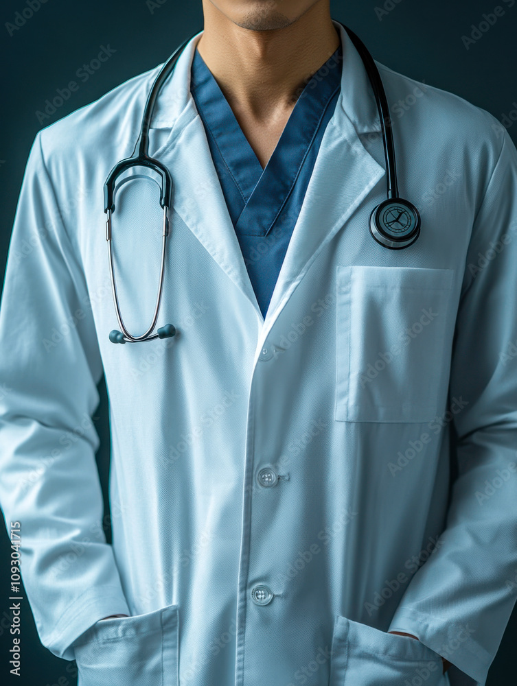 Close-up of a doctor in white coat with stethoscope Close-up of a doctor in white coat with stethoscope