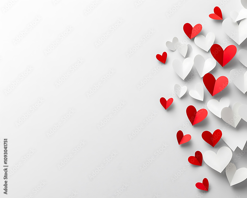 Red and white paper hearts scattered on a plain background.. A minimalist, elegant image featuring a variety of red and white paper hearts, artistically arranged in a diagonal pattern against a plain, Red and white paper hearts scattered on a plain background.. A minimalist, elegant image featuring a variety of red and white paper hearts, artistically arranged in a diagonal pattern against a plain,