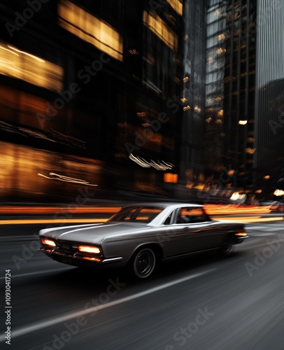 Classic car in motion through city night lights