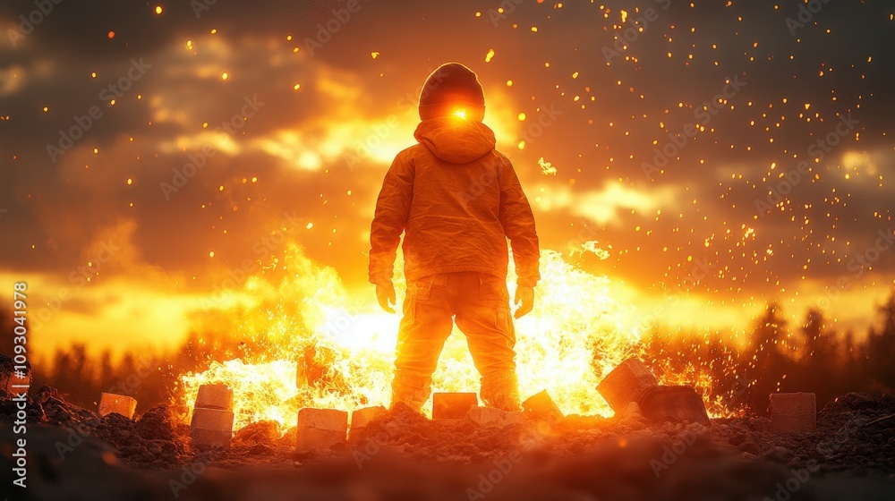A Silhouette of a Child Standing Before a Fiery Blaze at Dusk, Embracing the Wild Power of Nature with a Sense of Adventure and Curiosity in a Beautiful Landscape A Silhouette of a Child Standing Before a Fiery Blaze at Dusk, Embracing the Wild Power of Nature with a Sense of Adventure and Curiosity in a Beautiful Landscape