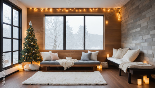 A minimaliest loft apartment aglow with soft Christmas lights, surrounded by a serene winter landscape, featuring a sleek wooden floor, a statement stone wall, and a cozy reading nook