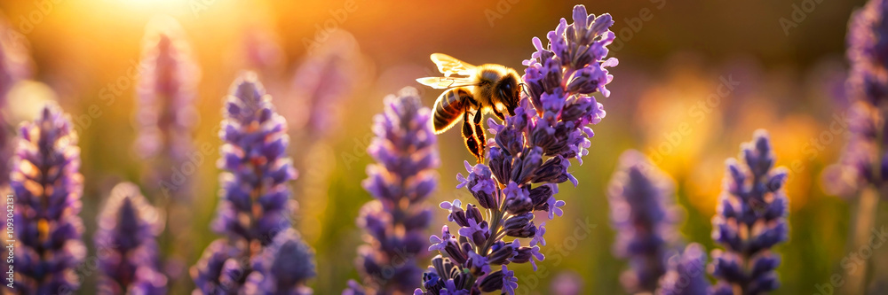 Bee Pollinating Lavender Flowers at Sunset in a Vibrant Garden Bee Pollinating Lavender Flowers at Sunset in a Vibrant Garden