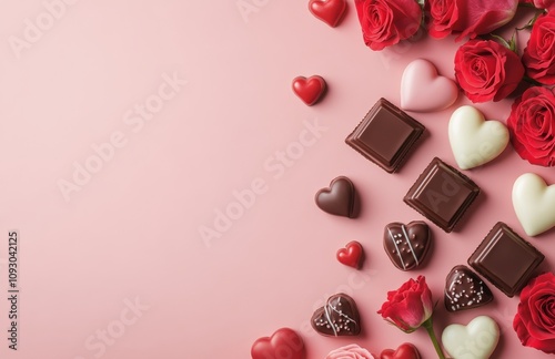 Heart shaped chocolates with fresh roses on a soft pink background for special occasions