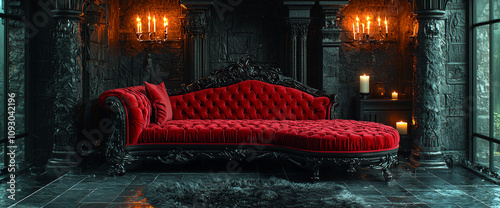 Black Gothic style hall with a red velvet sofa and black stone columns, illuminated by candlelight, creating a dark, atmospheric ambiance. photo