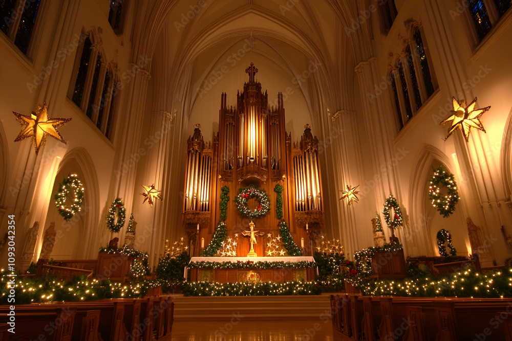 Fototapeta premium Christmas-decorated church altar with glowing organ and festive wreaths