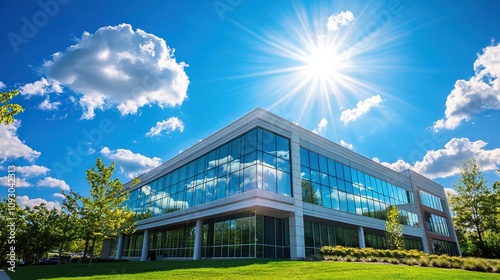 Impressive office building with sleek modern exterior under clear blue skies