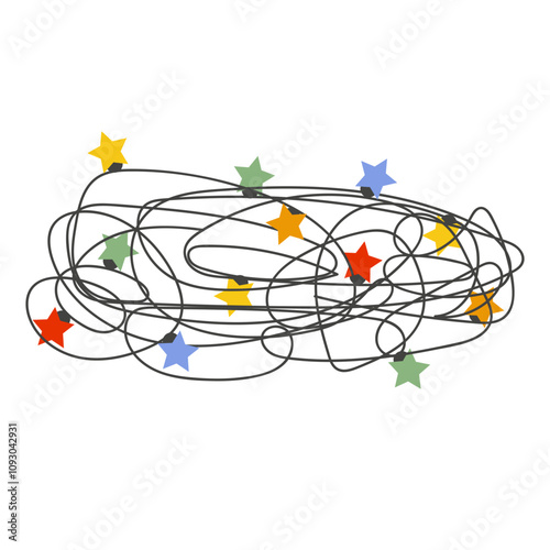 Tangled Christmas lights, isolated on white. Colorful decoration light bulbs on a black string.
