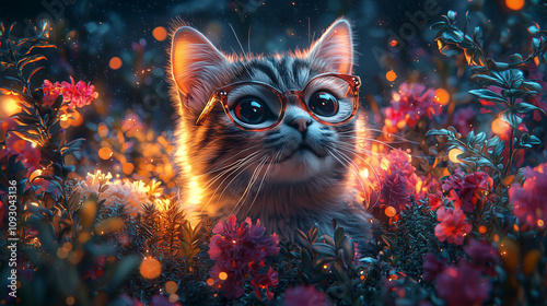 Cat wearing glasses, surrounded by colorful flowers and plants, in a digital art style.