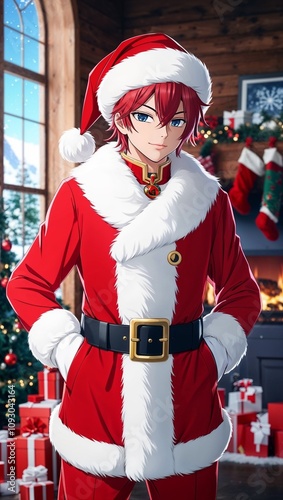 Santathemed anime character red outfit white fur trim festive photo