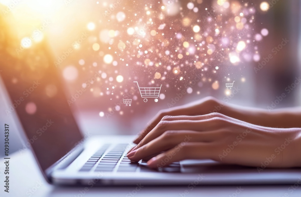 Engaging in online shopping with virtual cart icons in a cozy setting Engaging in online shopping with virtual cart icons in a cozy setting